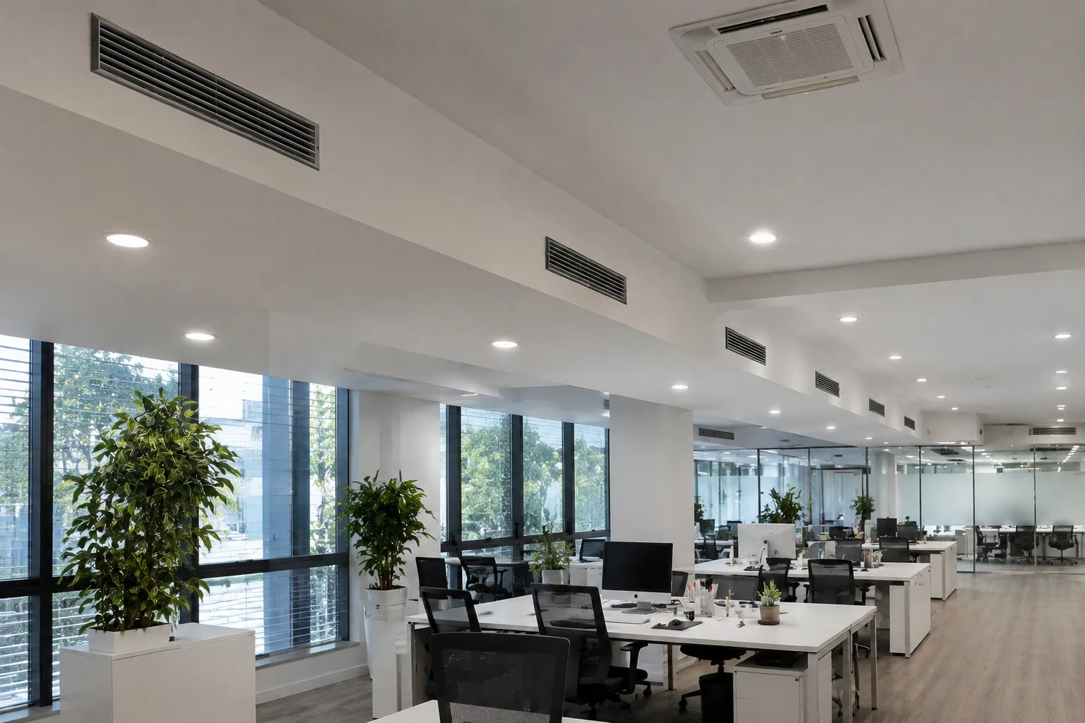 Sistema de climatización por conductos instalado en oficina de open space