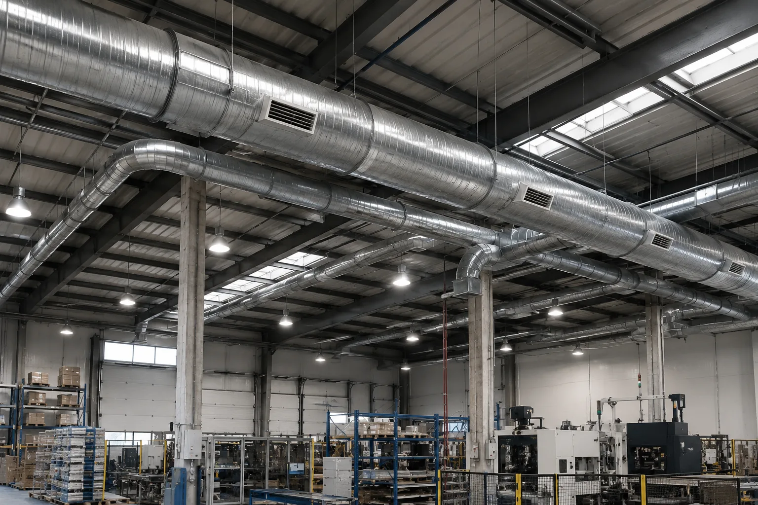 Conductos de climatización industrial en fábrica de gran superficie